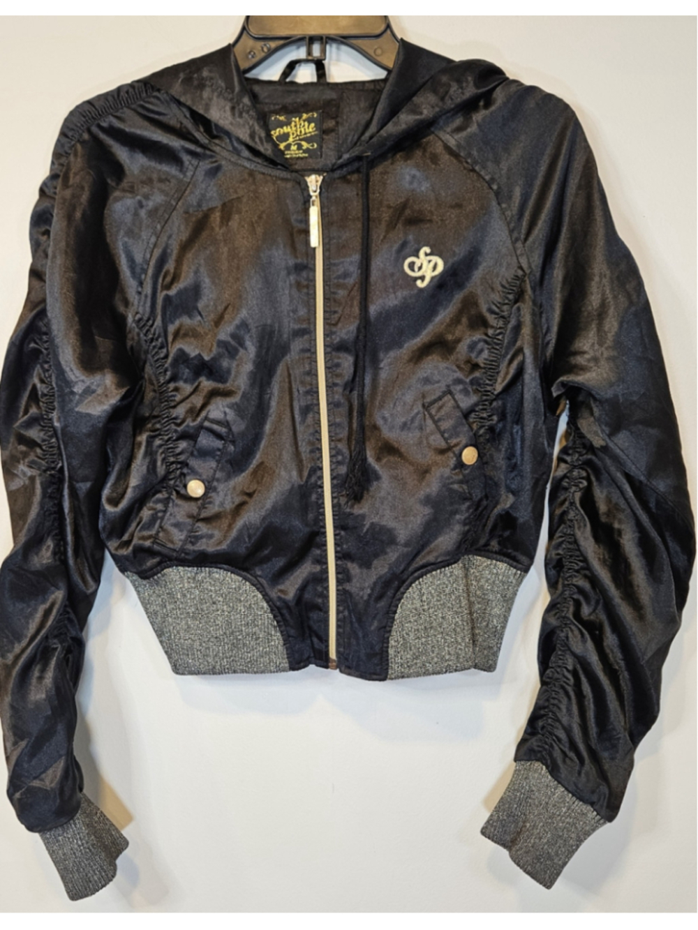 Y2K Southpole Black Satin Cropped Hooded Jacket Ruched Gold SP
